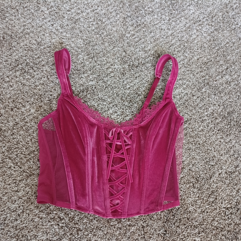 Victoria's Secret Dream Angel Unlined Lace Up Fuchsia Velvet Corset - Picture 4 of 8